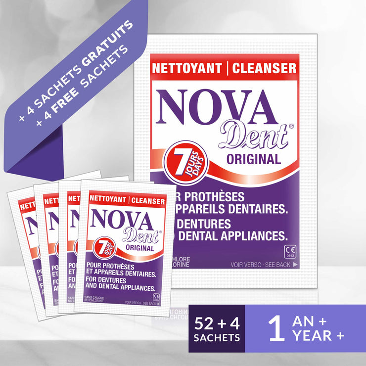 Novadent Original 1 an plus 4 sachets GRATUITS - Nettoyant pour prothèses et appareils dentaires