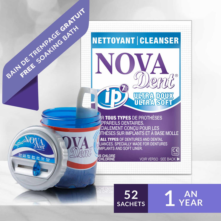 Novadent iP Ultra Doux  1 an avec Bain de trempage GRATUIT - Nettoyant pour prothèses dentaires sur implants et à base molle