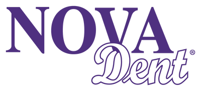 Novadent, logo couleur de la marque de nettoyant pour prothèses et appareils dentaires