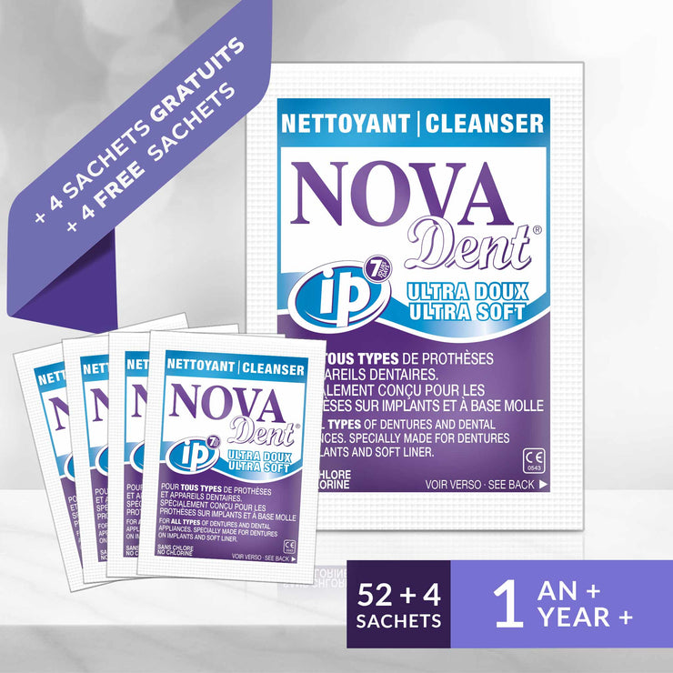 Novadent iP Ultra Doux  1 an plus 4 sachets GRATUITS - Nettoyant pour prothèses dentaires sur implants et à base molle